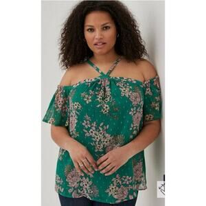 Torrid Cold Shoulder Halter Top Crinkle Chiffon Floral Green Size 4XL NWT